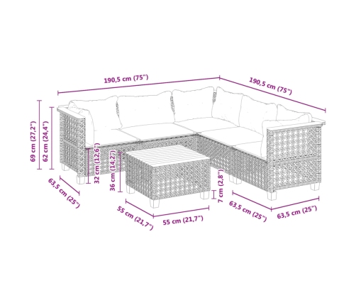 Set de muebles de jardín 6 pzas y cojines ratán sintético gris