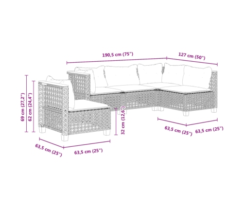Set de muebles de jardín 5 pzas y cojines ratán sintético negro