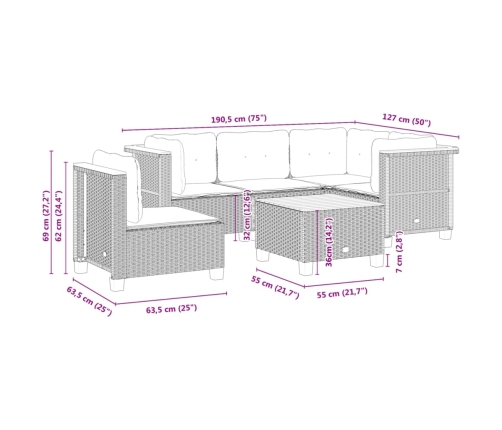 Set de muebles de jardín 6 pzas y cojines ratán sintético gris