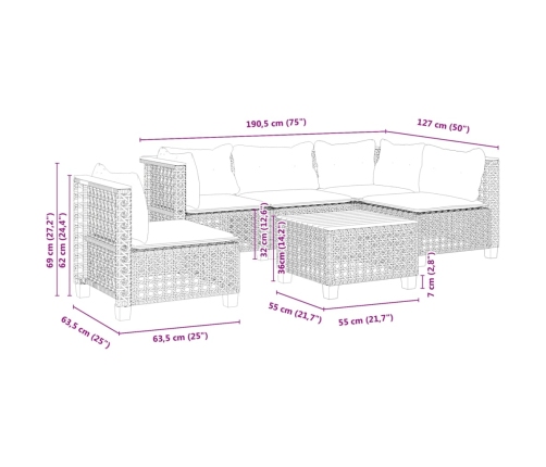 Set de muebles de jardín 6 pzas y cojines ratán sintético gris