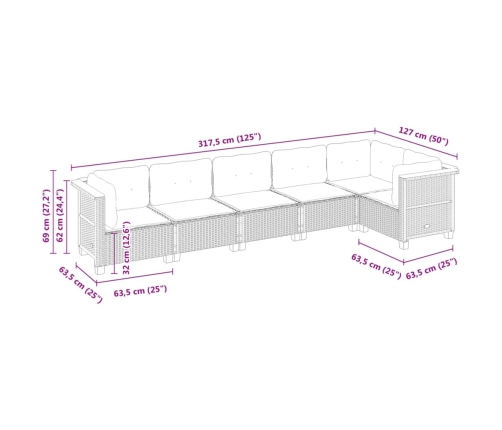 Set de muebles de jardín 6 pzas y cojines ratán sintético gris