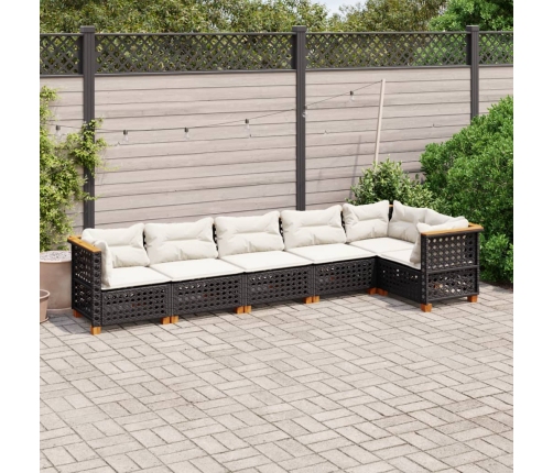 Set de sofás de jardín 6 piezas y cojines ratán sintético negro