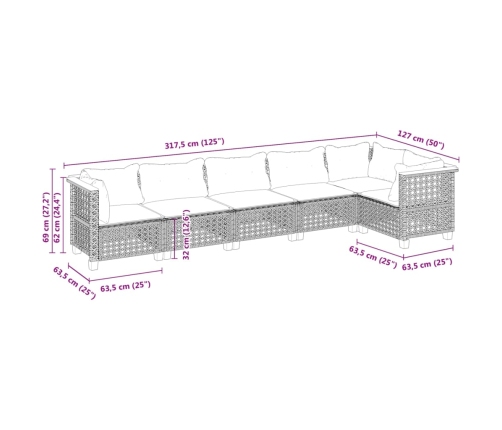 Set de muebles de jardín 6 pzas y cojines ratán sintético gris