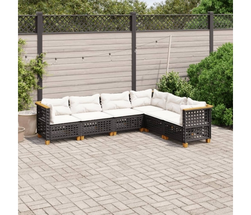 Set de sofás de jardín 6 piezas y cojines ratán sintético negro