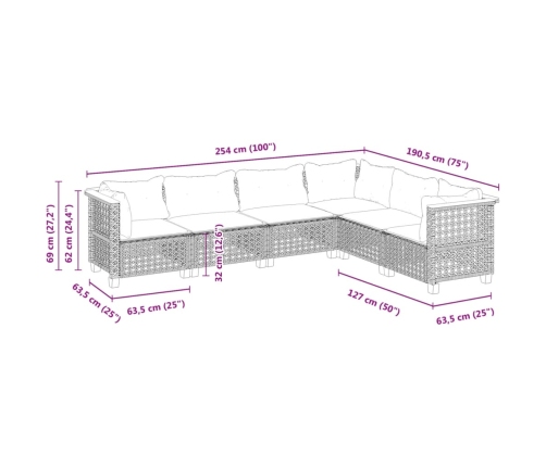Set de muebles de jardín 6 pzas y cojines ratán sintético gris