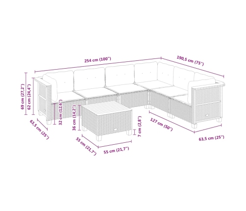 Set sofás de jardín 7 piezas y cojines ratán sintético beige