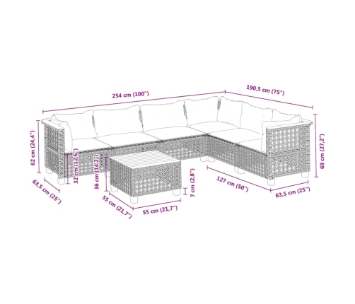 Set de sofás de jardín 7 pzas con cojines ratán sintético gris