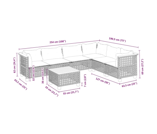 Set sofás de jardín 7 piezas y cojines ratán sintético beige