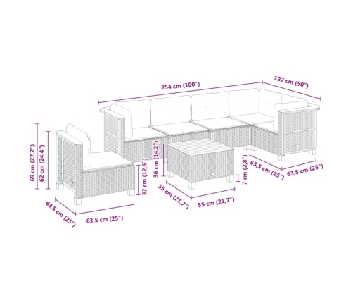 Set de sofás de jardín 7 pzas con cojines ratán sintético gris