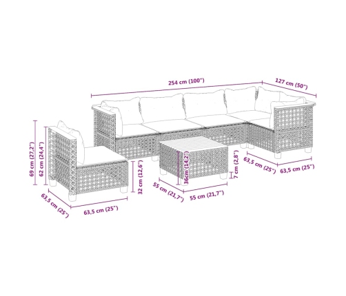 Set sofás de jardín 7 piezas y cojines ratán sintético beige