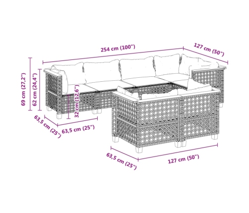Set sofás de jardín 7 piezas y cojines ratán sintético beige