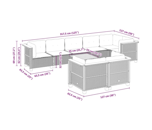 Set de muebles de jardín 9 pzas y cojines ratán sintético gris