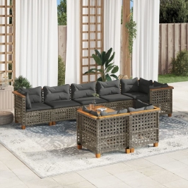 Set de muebles de jardín 9 pzas y cojines ratán sintético gris