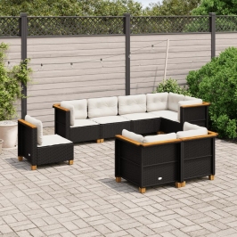 Set de sofás de jardín y cojines 8 piezas ratán sintético negro
