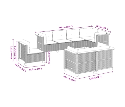 Set de sofás de jardín y cojines 8 piezas ratán sintético beige