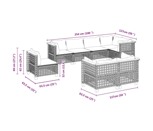 Set de sofás de jardín y cojines 8 piezas ratán sintético gris