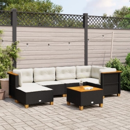 Set de sofás de jardín 7 pzas con cojines ratán sintético negro