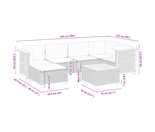 Set sofás de jardín 7 piezas y cojines ratán sintético beige