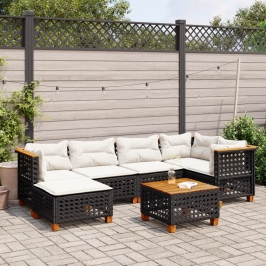 Set de sofás de jardín 7 pzas con cojines ratán sintético negro
