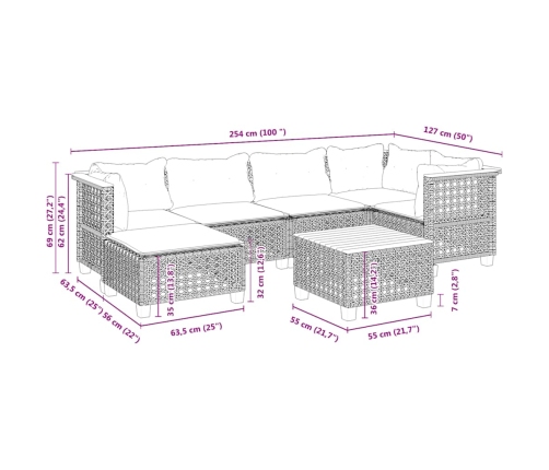 Set sofás de jardín 7 piezas y cojines ratán sintético beige