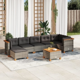 Set de sofás de jardín 8 pzas y cojines ratán sintético gris