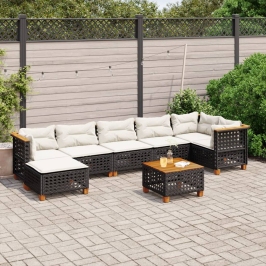 Set de sofás de jardín 8 piezas y cojines ratán sintético negro