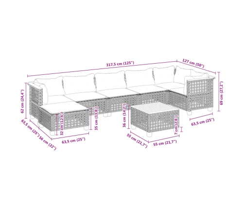 Set de sofás de jardín y cojines 8 piezas ratán sintético gris