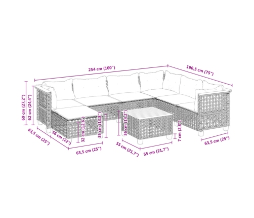 Set de sofás de jardín y cojines 8 piezas ratán sintético gris