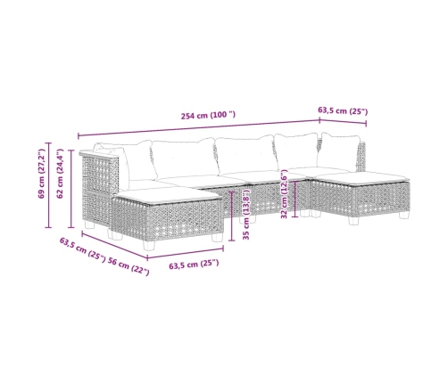 Set de muebles de jardín 6 pzas y cojines ratán sintético gris