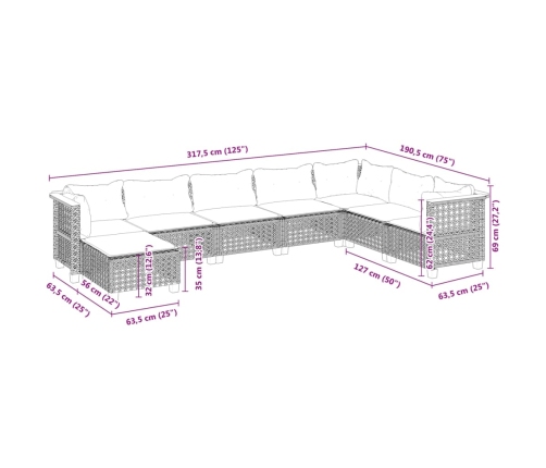 Set de sofás de jardín y cojines 8 piezas ratán sintético gris