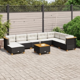 Set de sofás de jardín 8 piezas y cojines ratán sintético negro