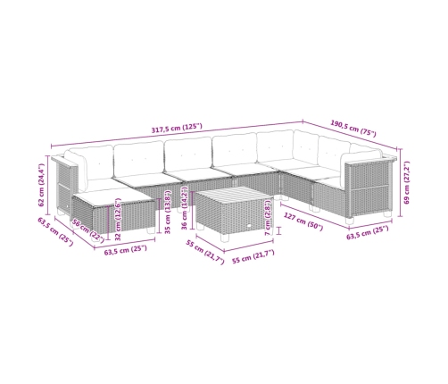Set de muebles de jardín 9 pzas y cojines ratán sintético gris