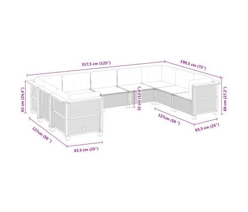 Set de sofás de jardín con cojines 9 pzas ratán sintético beige