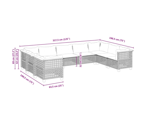 Set de muebles de jardín 9 pzas y cojines ratán sintético gris