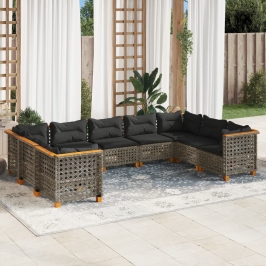 Set de muebles de jardín 9 pzas y cojines ratán sintético gris