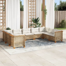 Set de sofás de jardín con cojines 9 pzas ratán sintético beige