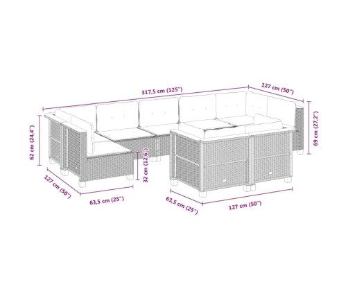 Set de sofás de jardín con cojines 9 pzas ratán sintético beige