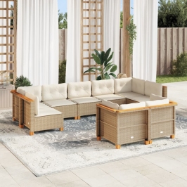 Set de sofás de jardín con cojines 9 pzas ratán sintético beige