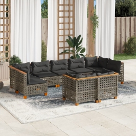 Set de muebles de jardín 9 pzas y cojines ratán sintético gris