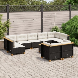 Set de sofás de jardín 10 pzas cojines ratán sintético negro