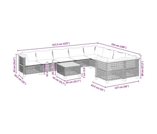 Set de sofás de jardín 10 pzas con cojines ratán sintético gris