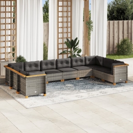 Set de sofás de jardín 10 pzas con cojines ratán sintético gris