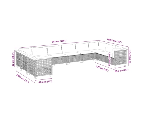 Set de sofás de jardín 10 pzas con cojines ratán sintético gris
