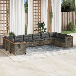 Set de sofás de jardín 10 pzas con cojines ratán sintético gris