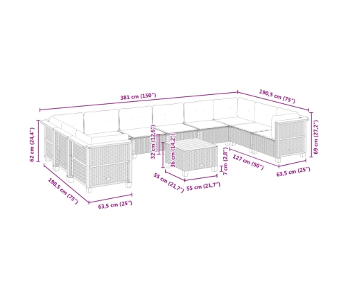 Set de sofás de jardín 11 pzas y cojines ratán sintético gris