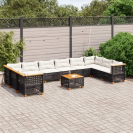 Set de sofás de jardín 11 pzas y cojines ratán sintético negro