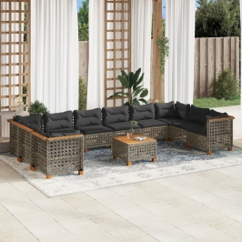 Set de sofás de jardín 11 pzas y cojines ratán sintético gris