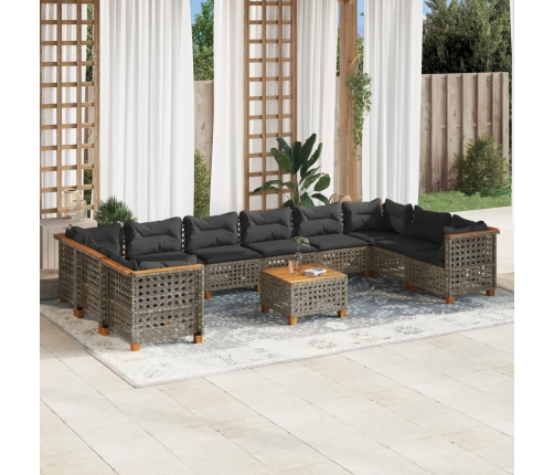 Set de sofás de jardín 11 pzas y cojines ratán sintético gris