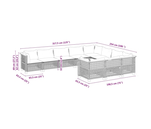 Set de sofás de jardín 10 pzas cojines ratán sintético negro