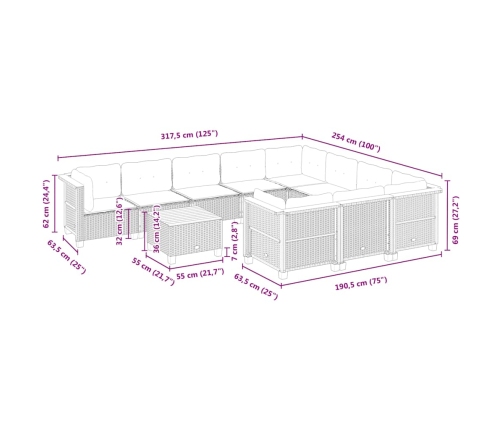 Set de sofás de jardín 11pzas con cojines ratán sintético beige